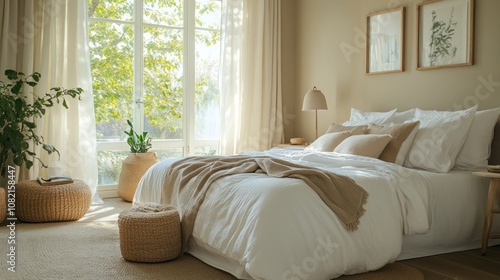 A bedroom in a modern house decorated with a large bed and white bedding, simple walls and bedside lamps create a relaxing atmosphere.