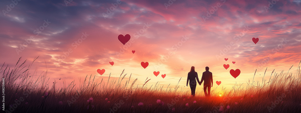 Obraz premium Idyllic Sunset With Couple And Heart Balloons In Open Field