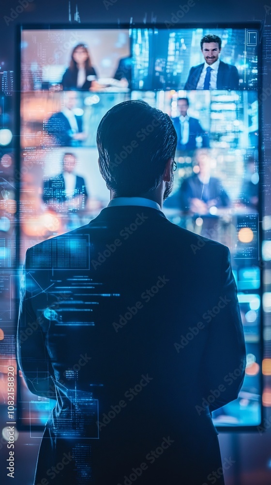 Businessperson in Virtual Conference with Holographic Global Team Members Businessperson in Virtual Conference with Holographic Global Team Members