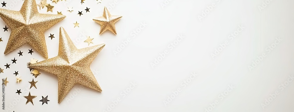 Decorative flat lay of golden stars and confetti on a white background for festive greeting card design Decorative flat lay of golden stars and confetti on a white background for festive greeting card design