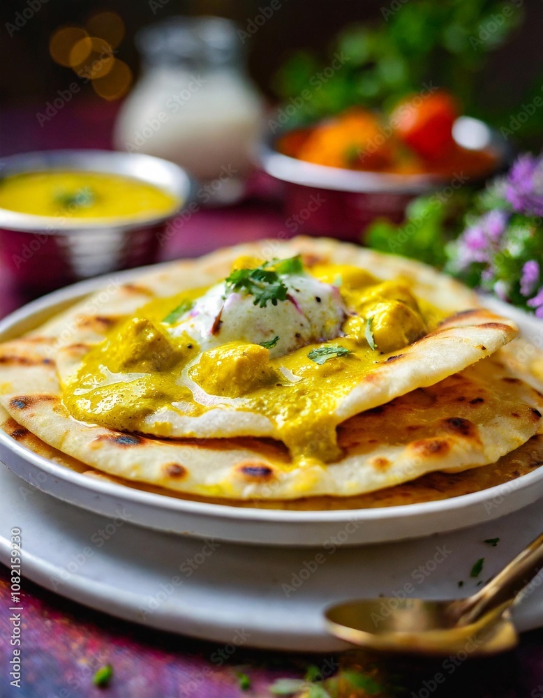 Fluffy Butter Garlic Naan Served with Creamy Paneer Butter Masala, Captured in a Bright and Lively Indian Restaurant with Bold Colors and Rich Spices Fluffy Butter Garlic Naan Served with Creamy Paneer Butter Masala, Captured in a Bright and Lively Indian Restaurant with Bold Colors and Rich Spices