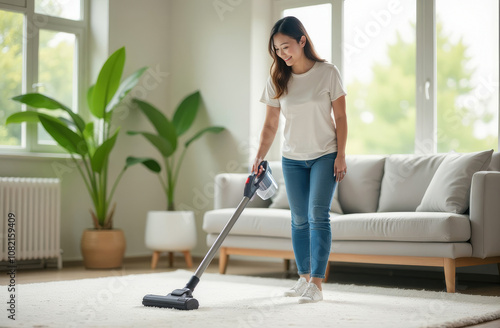 Young asian woman in casual attire using a cordless vacuum cleaner on a carpet in the bright, minimalist living room with house plants. 