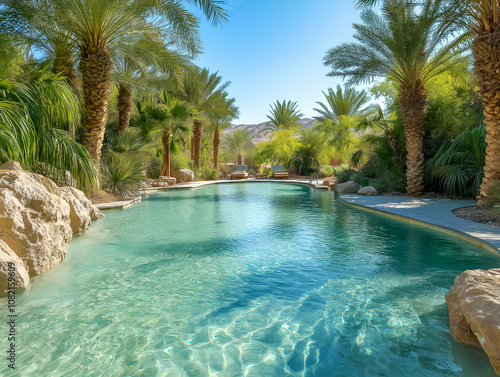 scenic pool with palm trees and vibrant greenery in paradise