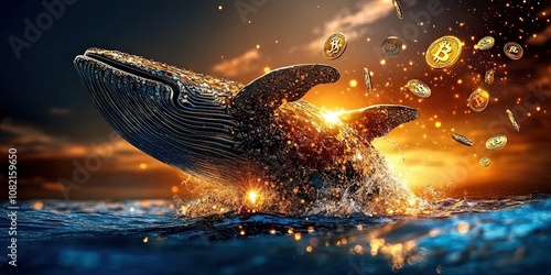 A giant whale emerging from a digital ocean with Bitcoin logos embedded on its skin, symbolizing the power and dominance of large investors dictating the Bitcoin market.