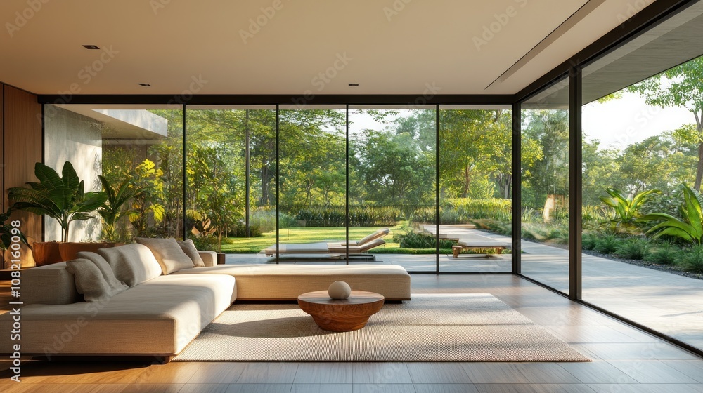 A living room in a modern house decorated with minimalist furniture, large glass walls that open up to a view of the green garden, natural light shines in abundantly. A living room in a modern house decorated with minimalist furniture, large glass walls that open up to a view of the green garden, natural light shines in abundantly.