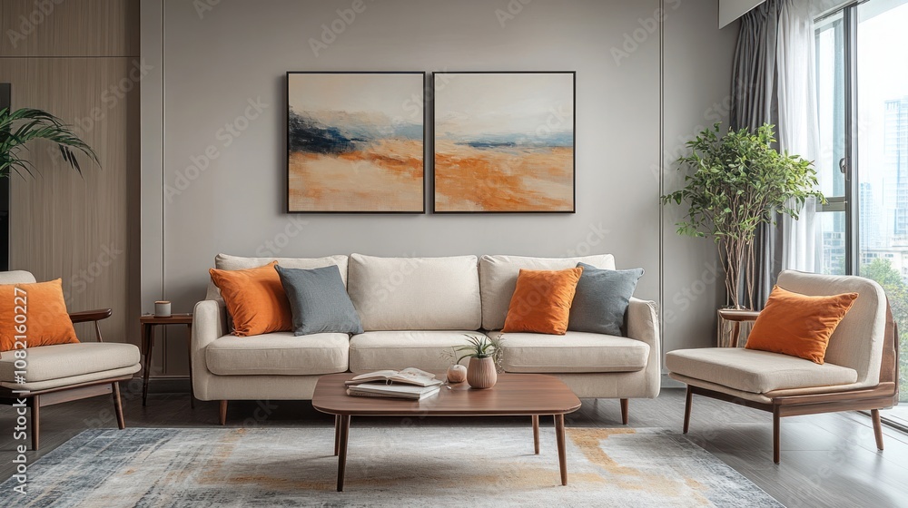 A living room wall decorated with impressionist artwork, soft colors and brushstrokes make the room feel lively and warm. A living room wall decorated with impressionist artwork, soft colors and brushstrokes make the room feel lively and warm.
