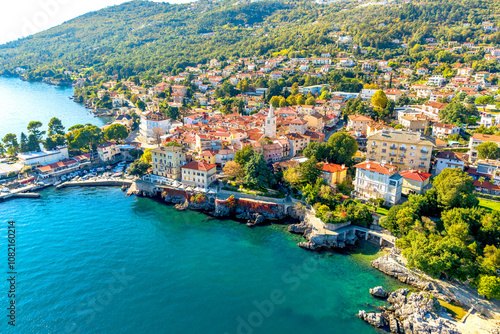 Seaside view of old town Lovran in the northeast of the Istrian peninsula. Opatijska rivjera. Kvarner bay. Travel in Croatia