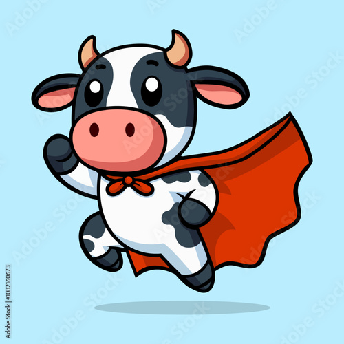cute cow super hero pose cartoon character flat color vector illustration template design