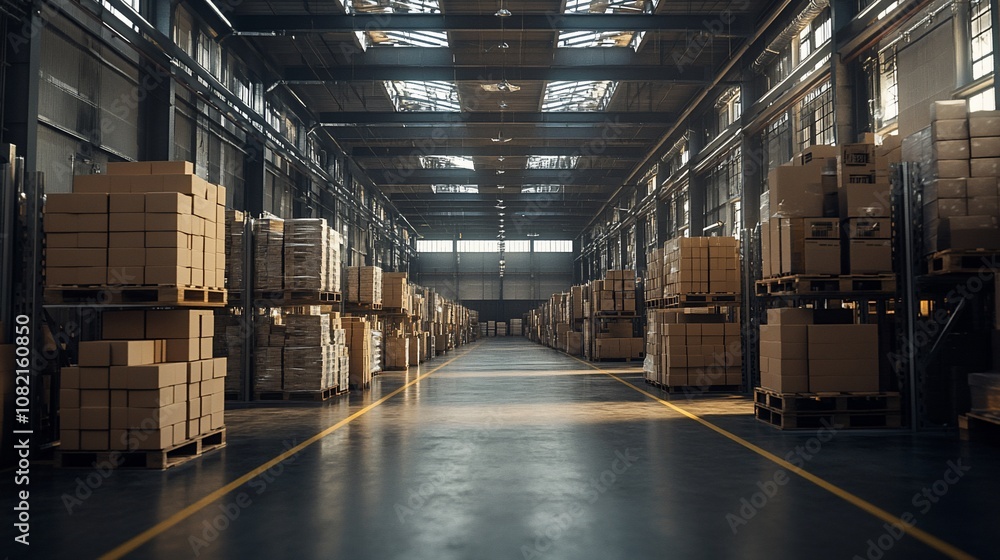 Large warehouse interior with stacked cardboard boxes on pallets. Large warehouse interior with stacked cardboard boxes on pallets.