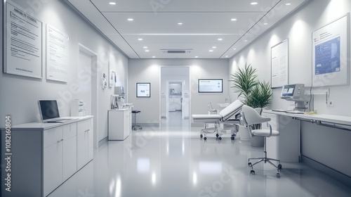 A minimal examination room in a clinic decorated with medical equipment and white desks. The walls are decorated with health information and bright lights throughout the area.