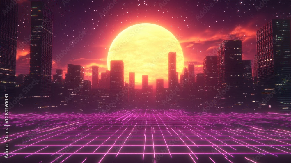 Futuristic Urban Landscape with Neon Grid and Giant Sun Setting Over a Retro-Style Cityscape at Dusk Futuristic Urban Landscape with Neon Grid and Giant Sun Setting Over a Retro-Style Cityscape at Dusk