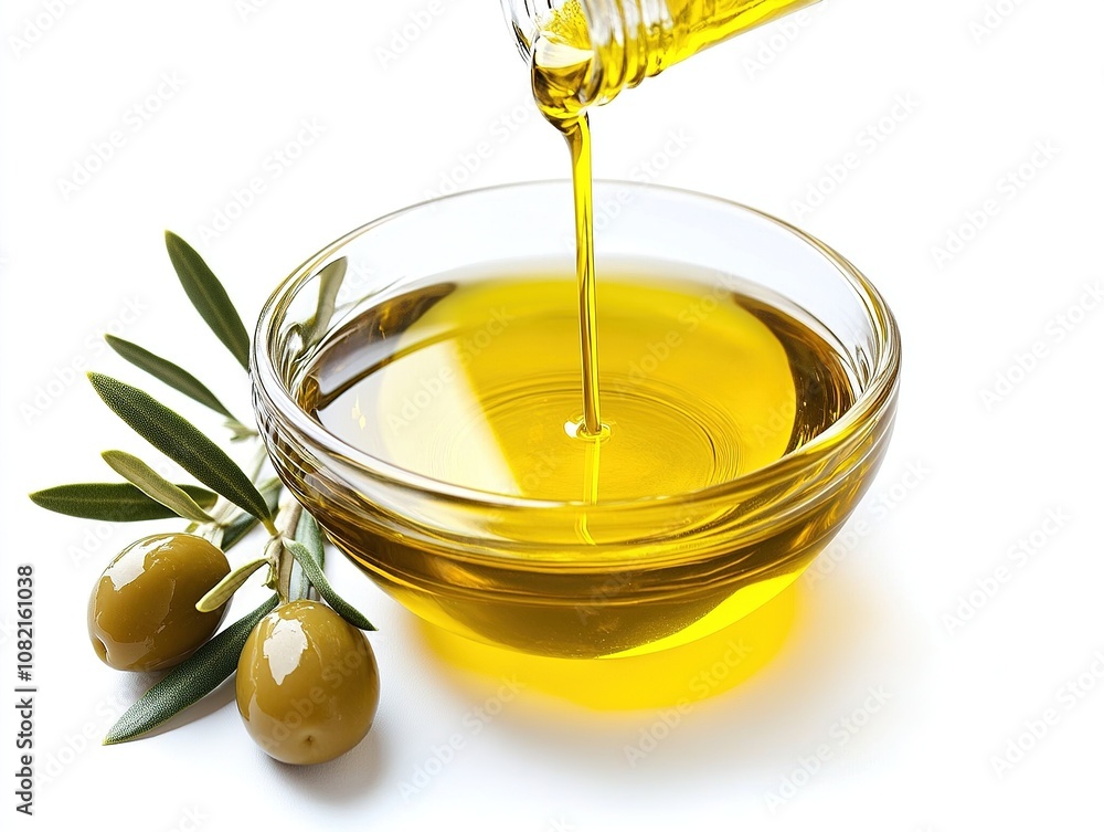 Green olives in a wooden bowl with pouring olive oil. Green olives in a wooden bowl with pouring olive oil.