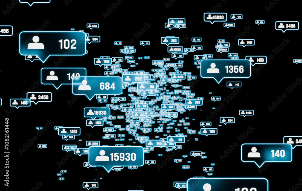 Social media symbols, followers with rising numbers of activitiy. Internet, Social Media App, online activities. Social media symbols, followers with rising numbers of activitiy. Internet, Social Media App, online activities.