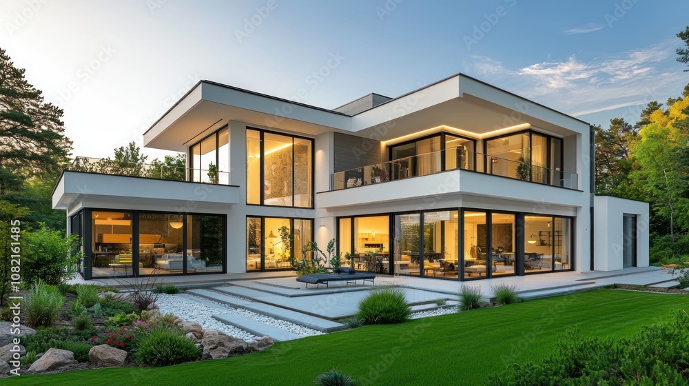 A modern house designed with simple lines, glass and steel structures, white and gray tones create an airy and luxurious feel, with a beautiful garden around the house. A modern house designed with simple lines, glass and steel structures, white and gray tones create an airy and luxurious feel, with a beautiful garden around the house.