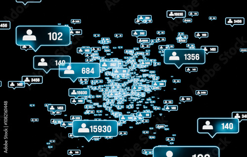 Social media symbols, followers with rising numbers of activitiy. Internet, Social Media App, online activities. photo