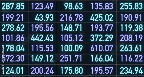 Screen with digital numbers, data or financial figures in purple and blue. Analyzing, market research, business, calculating, information, financial report. 3D illustration