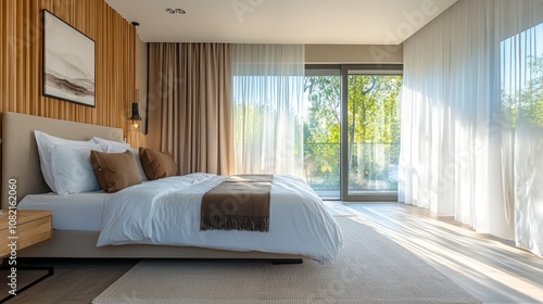 A modernly designed room with a large bed and light-colored curtains. Glass walls let in natural light, creating an airy atmosphere.