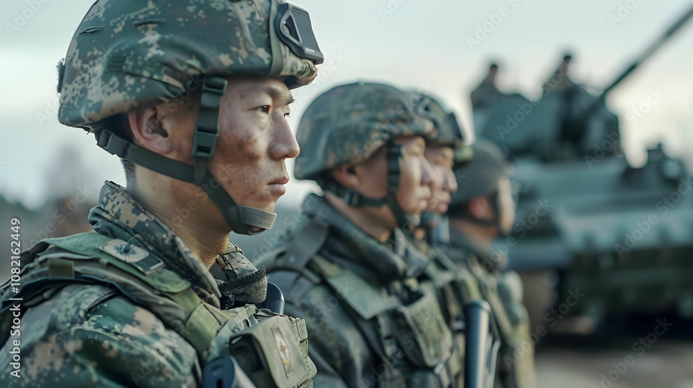 Soldiers in military uniforms stand alert during training exercises near armored vehicles at sunset Soldiers in military uniforms stand alert during training exercises near armored vehicles at sunset