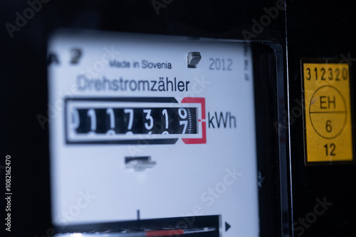 Analog electricity meter for households. Measuring used electricity in kWh ( kilowatt hour )