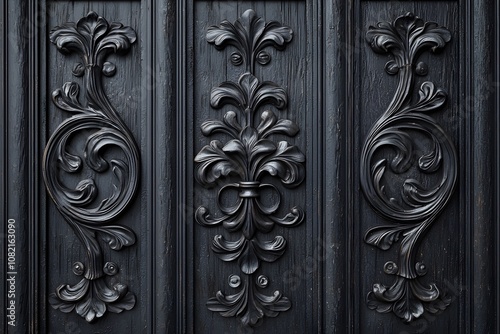 Black Wooden Panel with Intricate Carved Floral Design