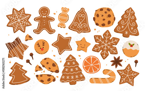 Christmas Gingerbread Cookies. Winter sweet homemade biscuits in different shapes isolated on white background.