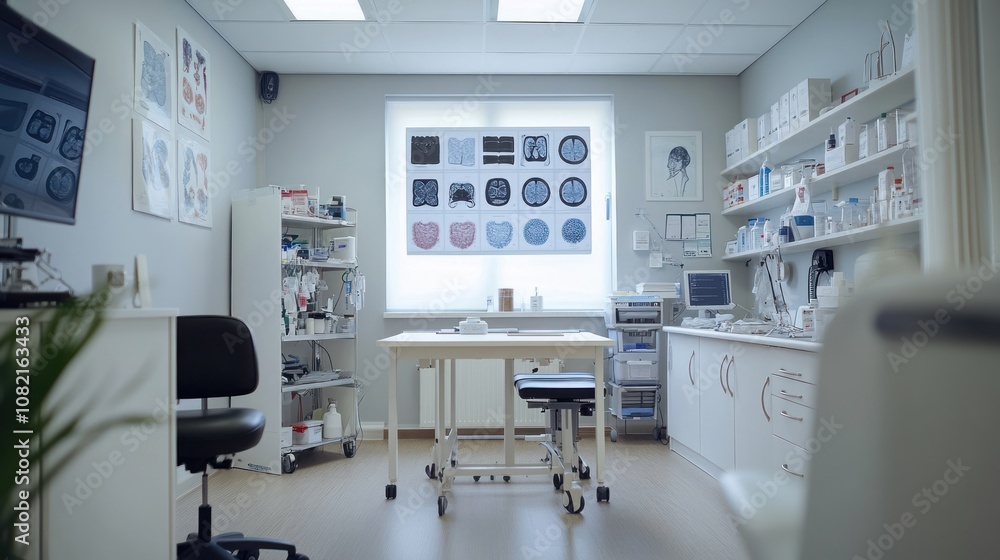 An examination room in a clinic with simple white tables and chairs. The walls are decorated with medical data images and shelves of medical equipment arranged in an orderly manner. An examination room in a clinic with simple white tables and chairs. The walls are decorated with medical data images and shelves of medical equipment arranged in an orderly manner.