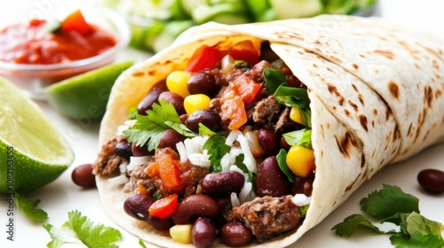 Burrito filled with seasoned beef, beans, rice, and fresh vegetables, wrapped in a soft tortilla, isolated on a white background, vibrant colors, delicious Mexican food.