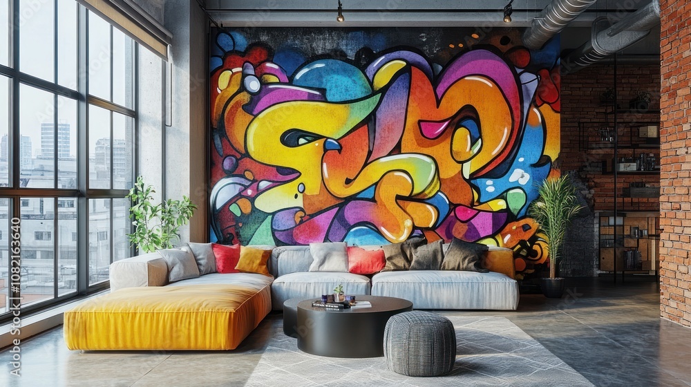 Brightly colored graffiti on the wall in a modern room Intricate art patterns are exciting and creative.
