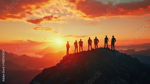 Silhouette of Victory Business Team on Mountain with Sunrise