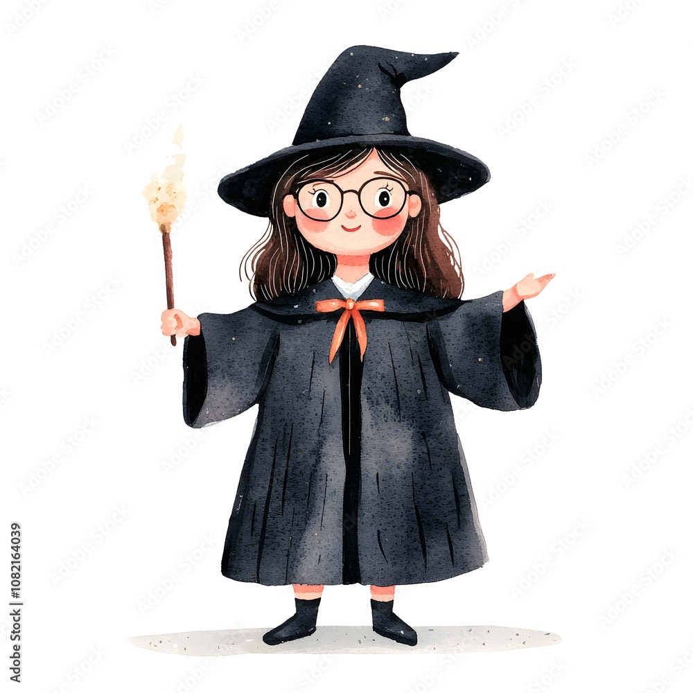 Cute Watercolor Illustration of a Young Witch Holding a Magic Wand Cute Watercolor Illustration of a Young Witch Holding a Magic Wand