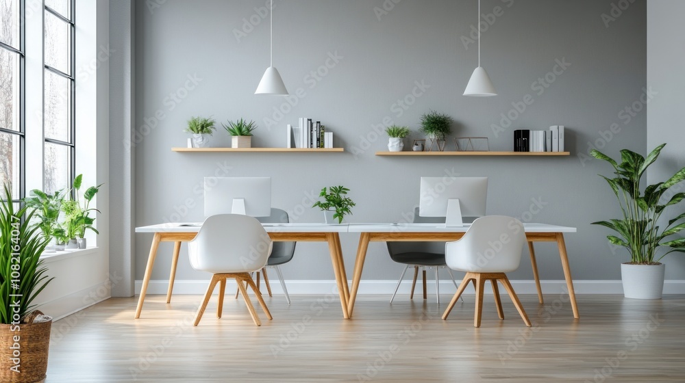 Minimalist office with simple white desks, modern chairs and open shelves decorated with small plants to add freshness. Minimalist office with simple white desks, modern chairs and open shelves decorated with small plants to add freshness.