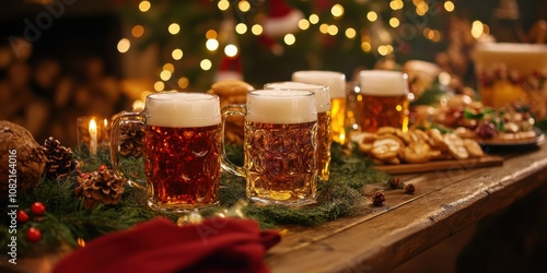 Wide shot of a holiday party with a table set up with holiday-themed beer mugs, snacks, and festive decorations, creating a joyful celebration.