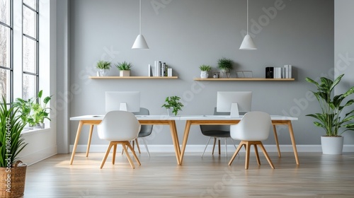 Minimalist office with simple white desks, modern chairs and open shelves decorated with small plants to add freshness.