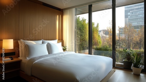 Modern room with a king-size bed and soft pillows. Glass walls allow natural views. Decorated with floor lamps and small potted plants