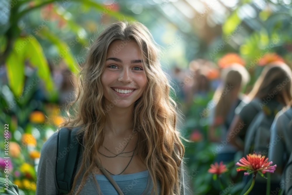 Smiling woman with backpack in a garden of flowers, portrait Smiling woman with backpack in a garden of flowers, portrait