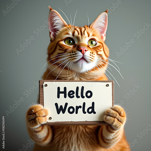 A fluffy orange cat holds a sign that says hello world with a friendly expression showcasing its playful personality