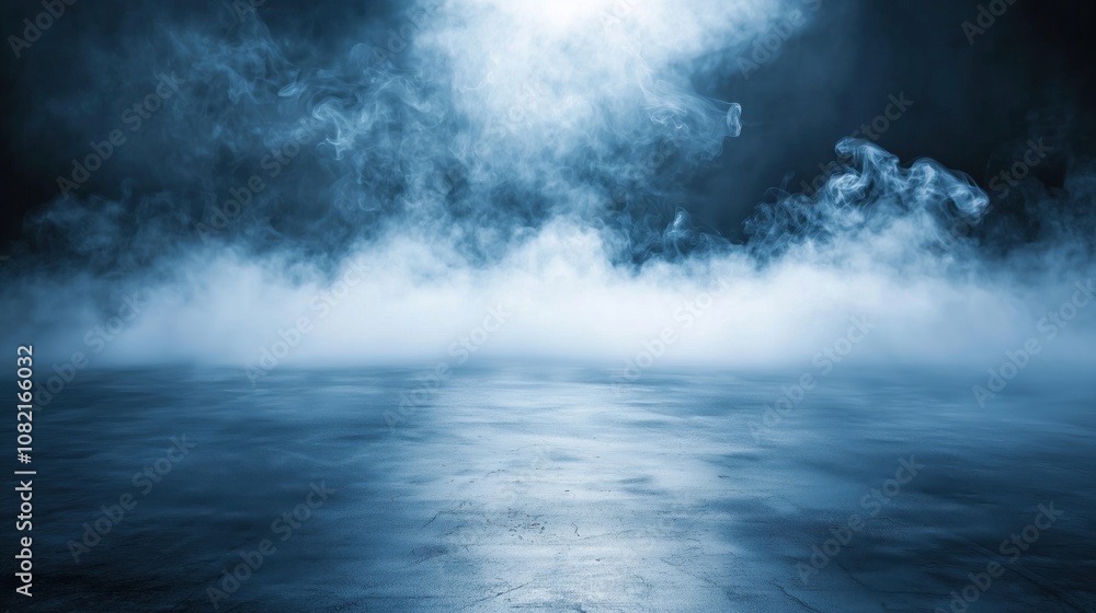 Blue mist covering reflective surface in dark studio Blue mist covering reflective surface in dark studio