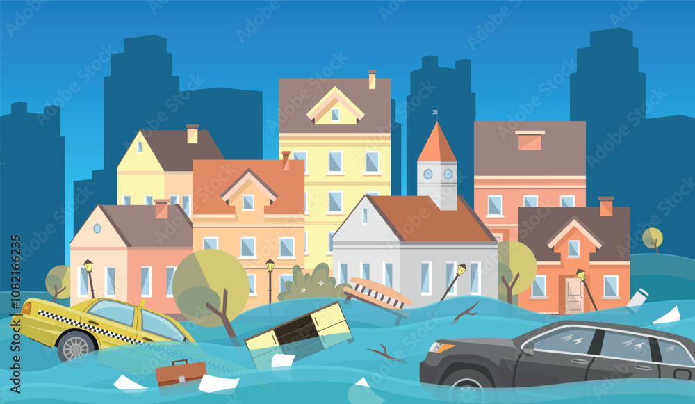 Flooding in the city. Water carries away cars, furniture and other objects. Natural disaster. Flooding in the city. Water carries away cars, furniture and other objects. Natural disaster.