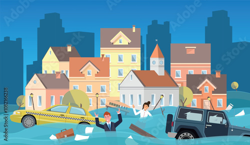 Flooded city with people, cars and other objects. Emergency situation. Climate change, heavy rain.