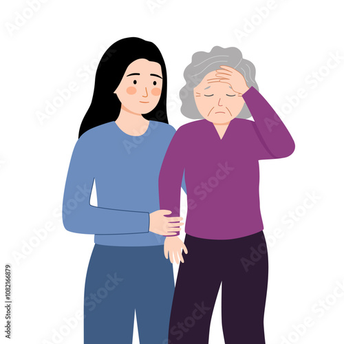 Daughter taking care old mother or her grandma feeling love to each other. Elderly care. Friendly family support.