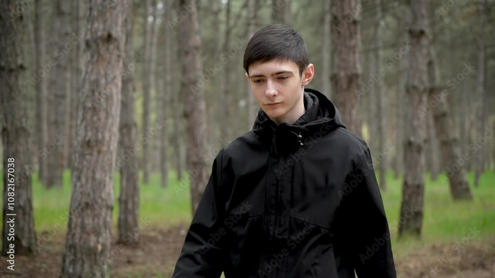 Teenager strolls through pine forest. Adolescent boy walks leisurely in pine woods. Young male takes walk in pine forest Teenager strolls through pine forest. Adolescent boy walks leisurely in pine woods. Young male takes walk in pine forest
