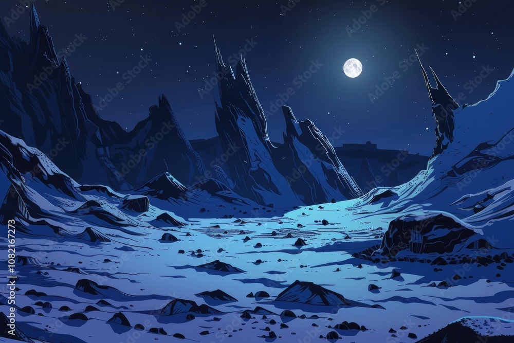 Fototapeta premium A Nighttime Landscape with a Full Moon and Rocky Mountains