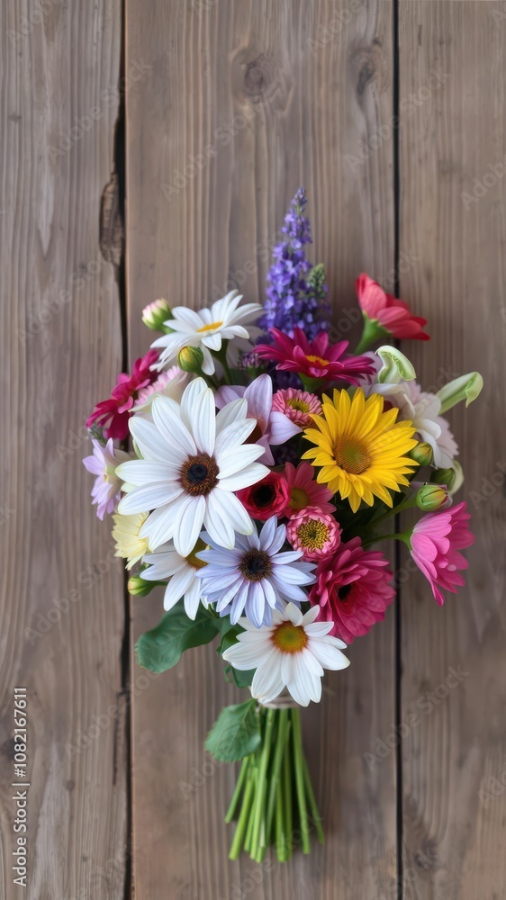 Bouquet of assorted flowers on rustic wooden background, vibrant Bouquet of assorted flowers on rustic wooden background, vibrant