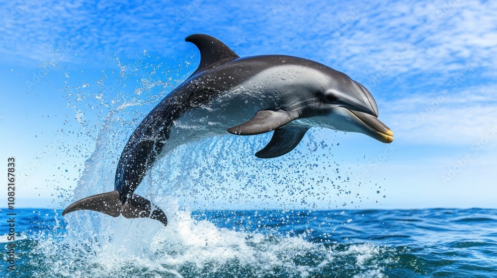 Fototapeta premium A Striped Dolphin Leaps from the Ocean with a Splash