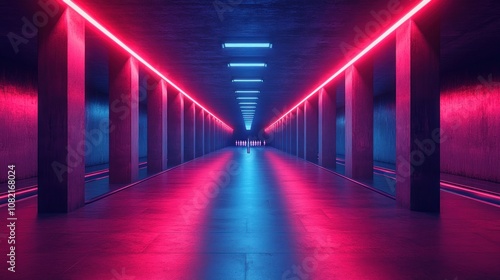 A long, narrow corridor with bright pink and blue neon lights.