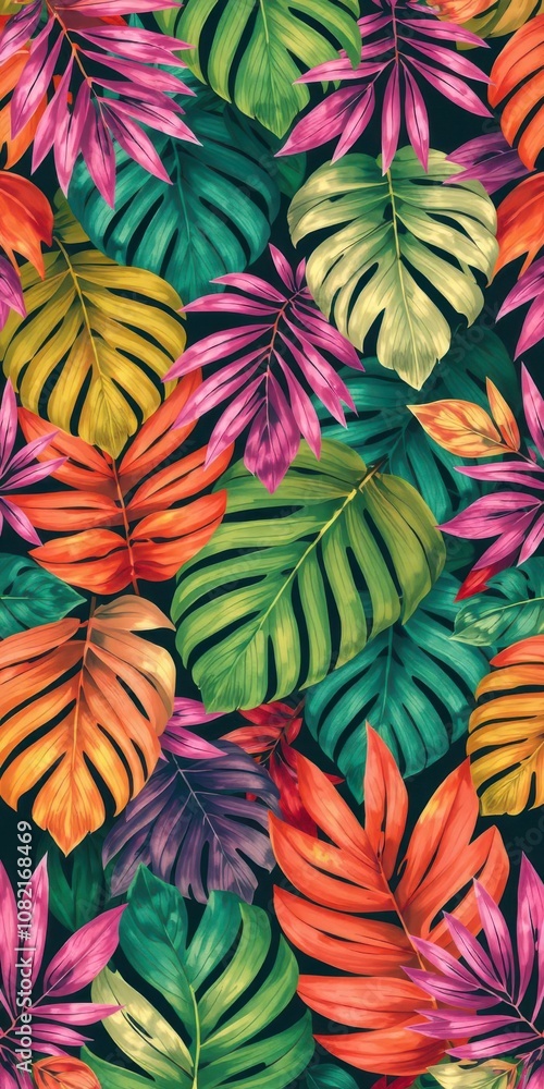 Colorful tropical leaves pattern in vibrant hues of green, pink, and orange, creating a seamless background perfect for summer designs, foliage Colorful tropical leaves pattern in vibrant hues of green, pink, and orange, creating a seamless background perfect for summer designs, foliage