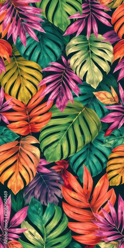 Colorful tropical leaves pattern in vibrant hues of green, pink, and orange, creating a seamless background perfect for summer designs, foliage