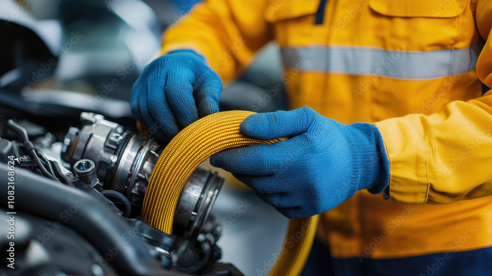 Technician attaching yellow hose to turbocharger in workshop, focused on work Technician attaching yellow hose to turbocharger in workshop, focused on work