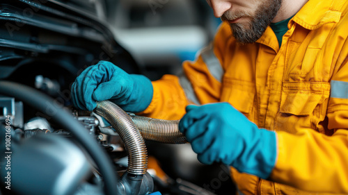 technician in orange uniform focuses on attaching hoses to turbocharger, showcasing precision and expertise in automotive repair