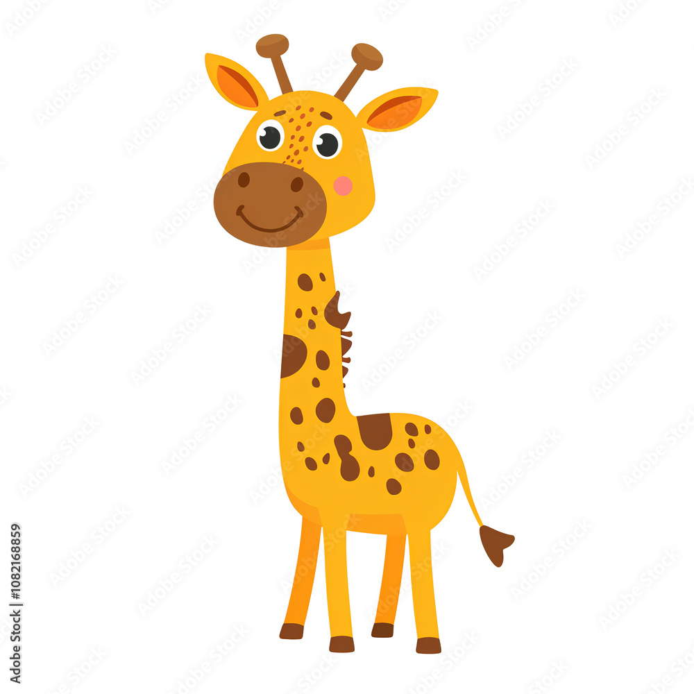 Fototapeta premium Cute Cartoon Illustration of a Friendly Giraffe with Big Eyes and a Gentle Smile, Perfect for Children's Books or Educational Materials